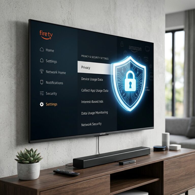 Featured image showing a TV displaying Firestick privacy settings menu with a glowing lock icon overlay