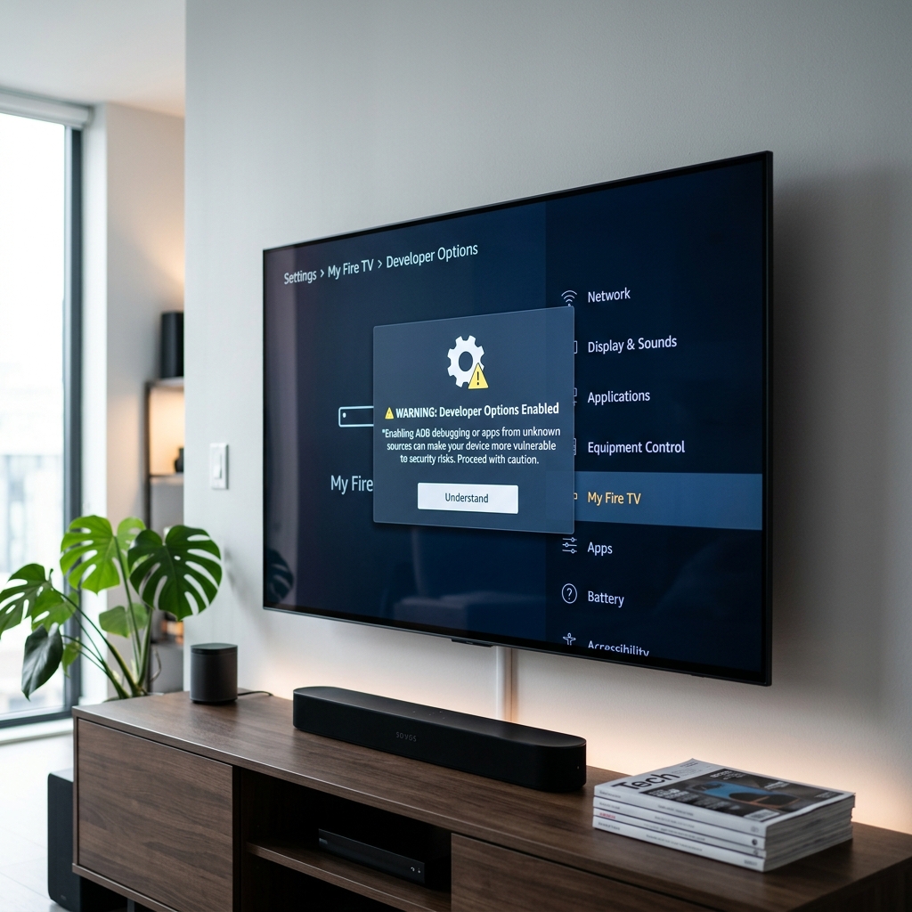 Featured image showing a television displaying Fire TV settings and a developer gear icon
