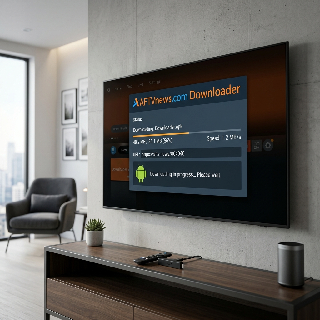 Featured image showing a television screen with Downloader app displaying an APK installation prompt