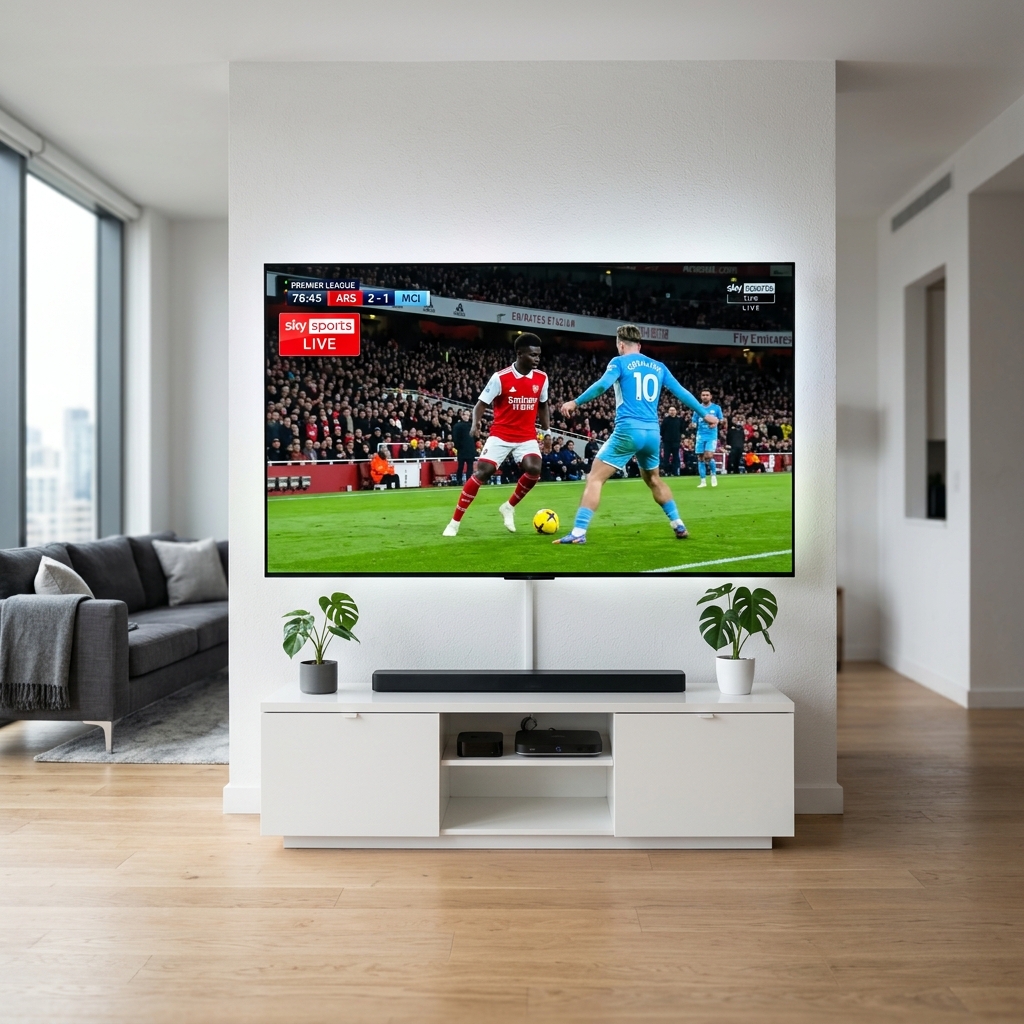 Featured image showing a television screen with a live football match and Sky Sports logo