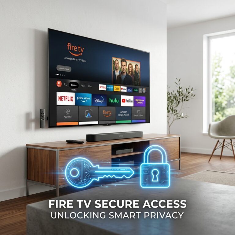 Featured image showing a television screen with Firestick menu, overlaid with a glowing lock and key icon